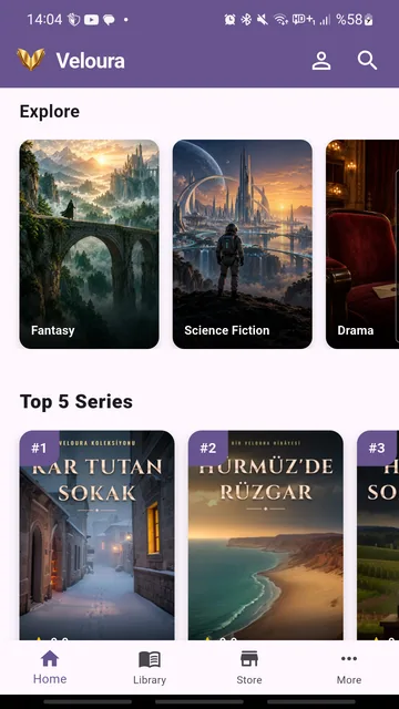 Veloura Explore screen with genre covers and Top 5 Series