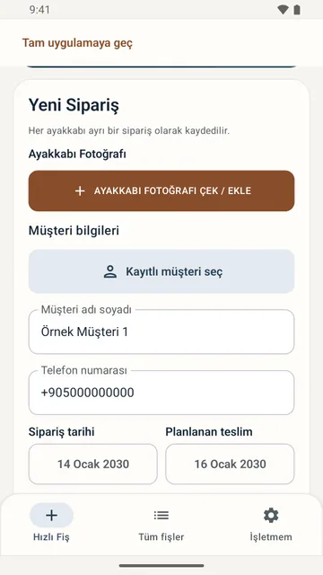 Hızlı Fiş ekranında kayıtlı müşteri seçimi, müşteri bilgileri ve yeni sipariş formu