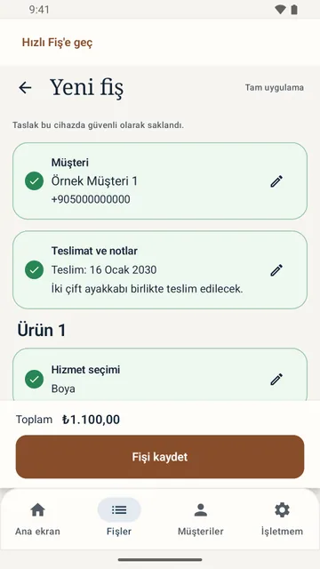 Tam uygulamada müşteri, teslimat ve ürün hizmetlerini gösteren adım adım yeni fiş ekranı