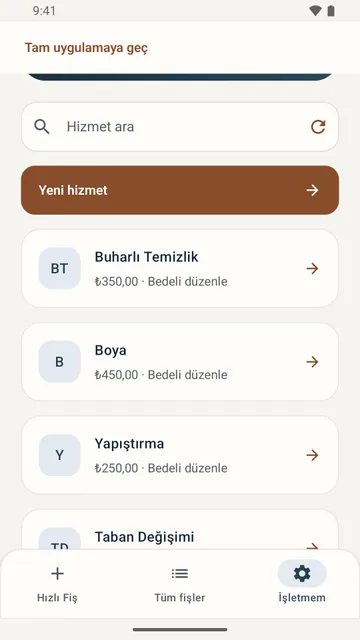 Temizlik, boya, onarım ve diğer hizmetler için liste fiyatlarını düzenleme ekranı