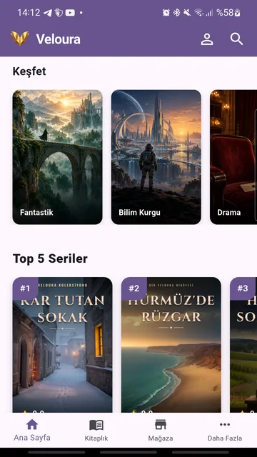 Veloura keşif ekranında tür kapakları ve Top 5 Seriler